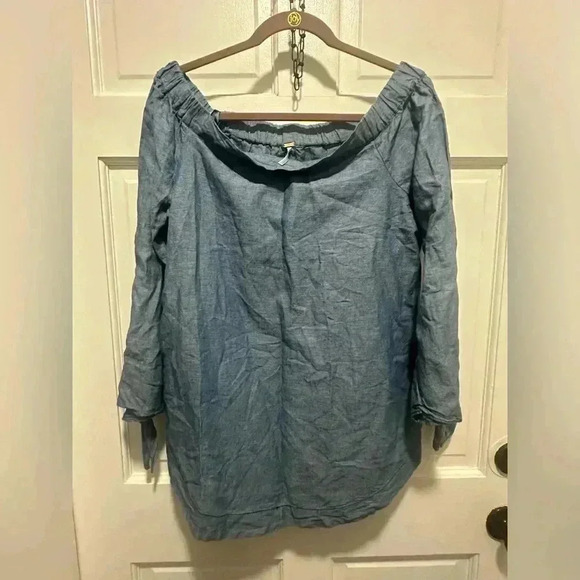 Free People ‘Show Some Shoulder’ Top Chambray Blue Size Medium - Picture 3 of 5